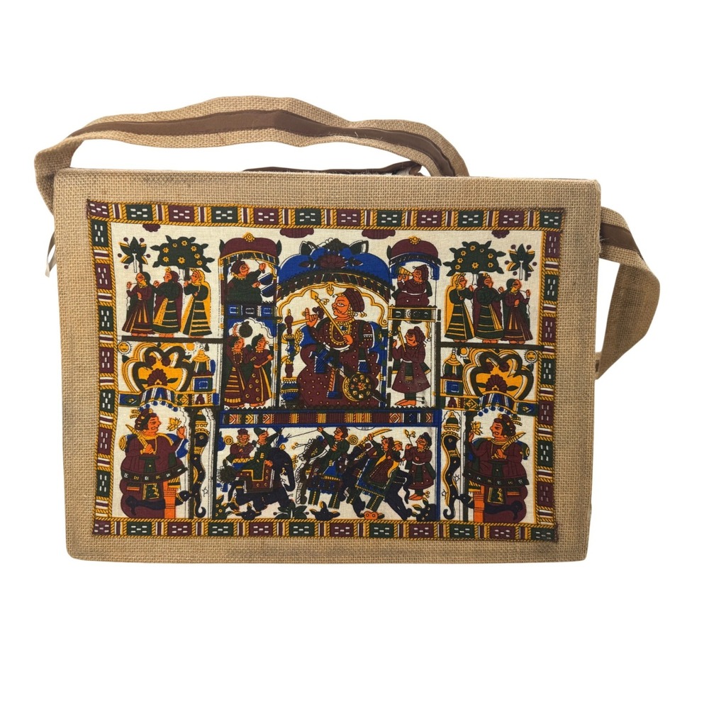 Jute Messenger Bag Indian Tapestry Folk Art Burlap Satchel Ipad Bag Tan Multi